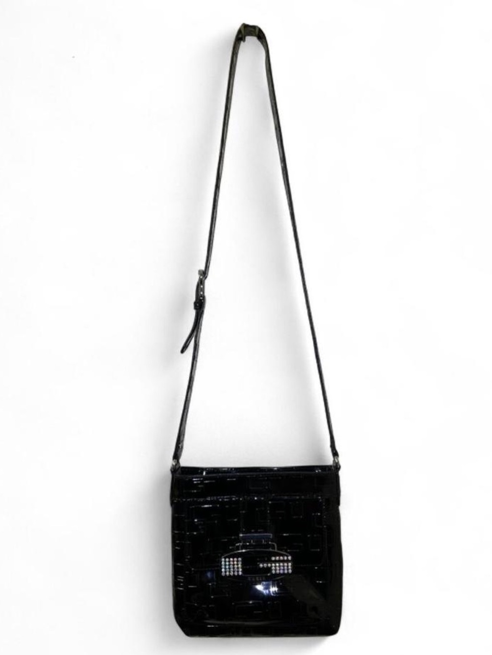 Guess Black Patent Crossbody Bag with Rhinestone Accent